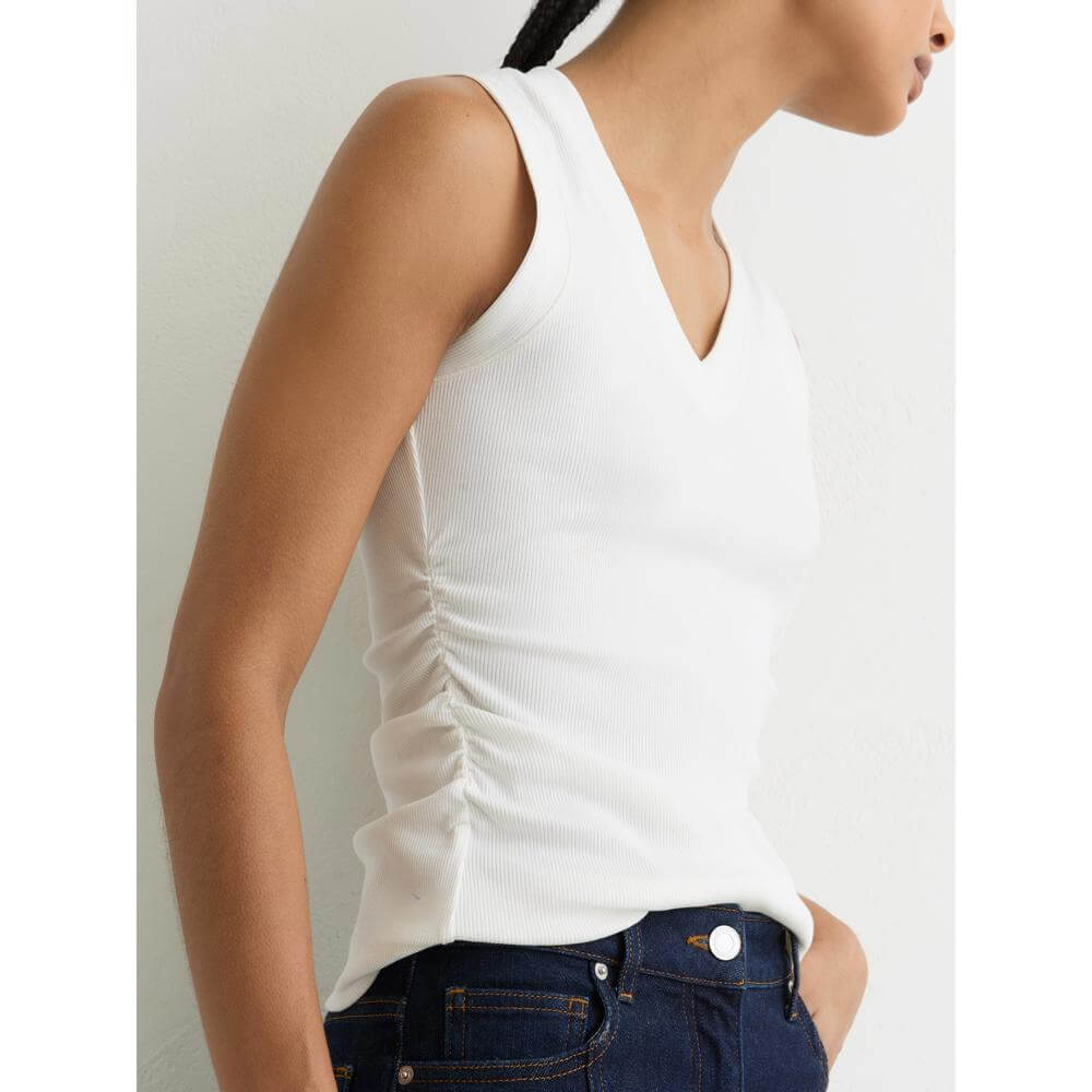 REISS Sandy Stretch-Cotton Rib Ruched V-Neck Vest